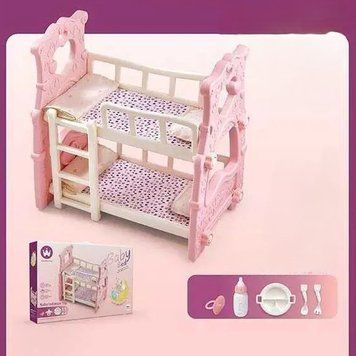 Двоповерхове ліжко для ляльок Baby Bed 50х38х55 см з 2 ковдрами та 2 подушками набір посуду для ігор 6908 фото