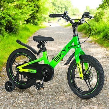 Детский велосипед 16" CORSO SKY магниевая рама обучающие колеса дисковые тормоза для детей 4-6 лет зелёный SK-16844 фото